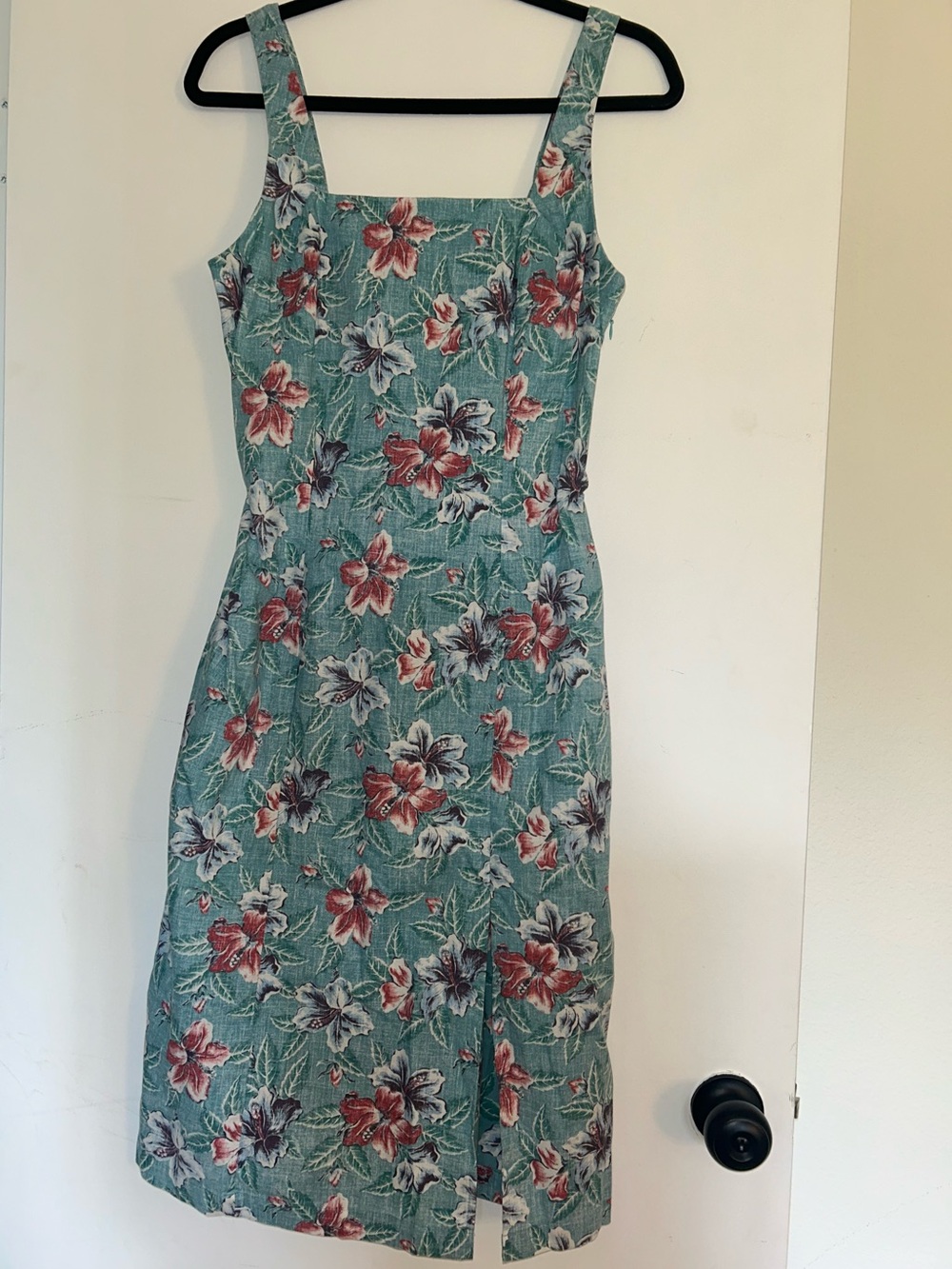 Reyn Spooner Teal Floral Square-Neck Midi Dress with Red & White Blooms